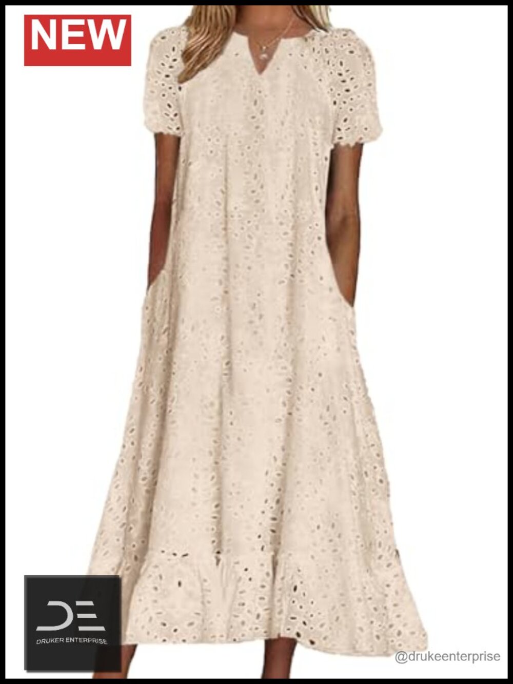 Women's Ruffle Hem Floral Lace Eyelet Midi Dress with Pockets
